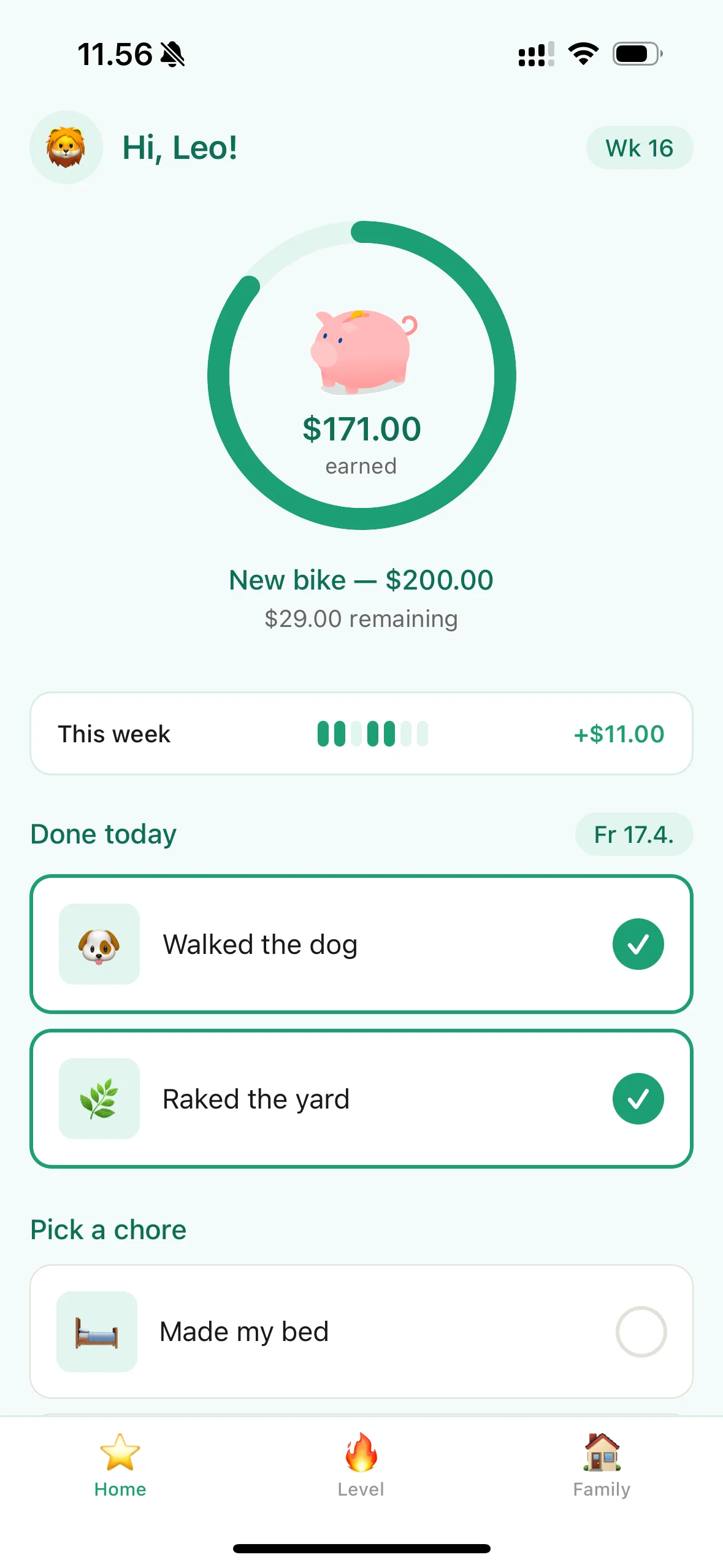 Your child's goal progress screen in the Earn It! app