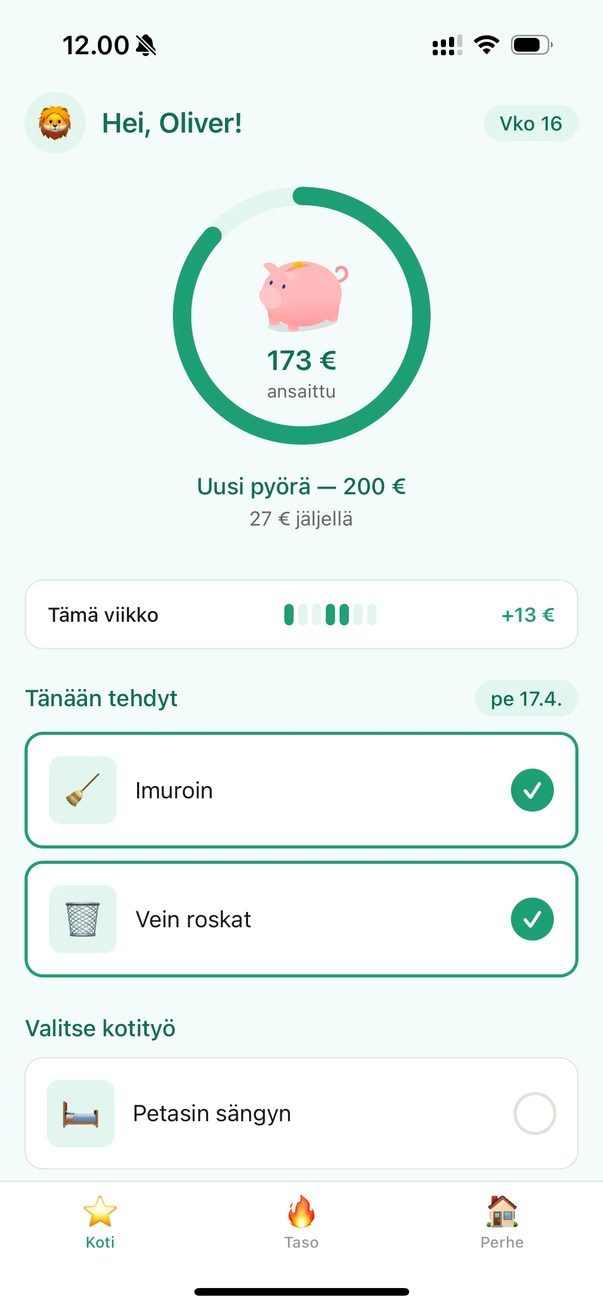 Lapsen tavoitteen edistyminen Earn It! -sovelluksessa